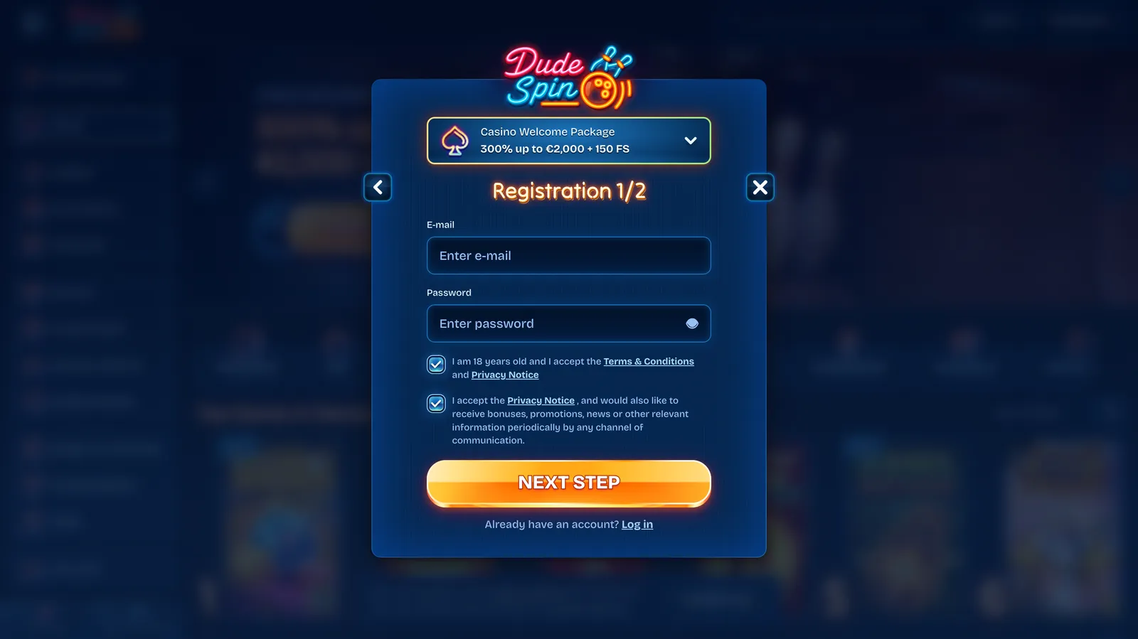Registrační formulář pro založení herního účtu v Dudespin
