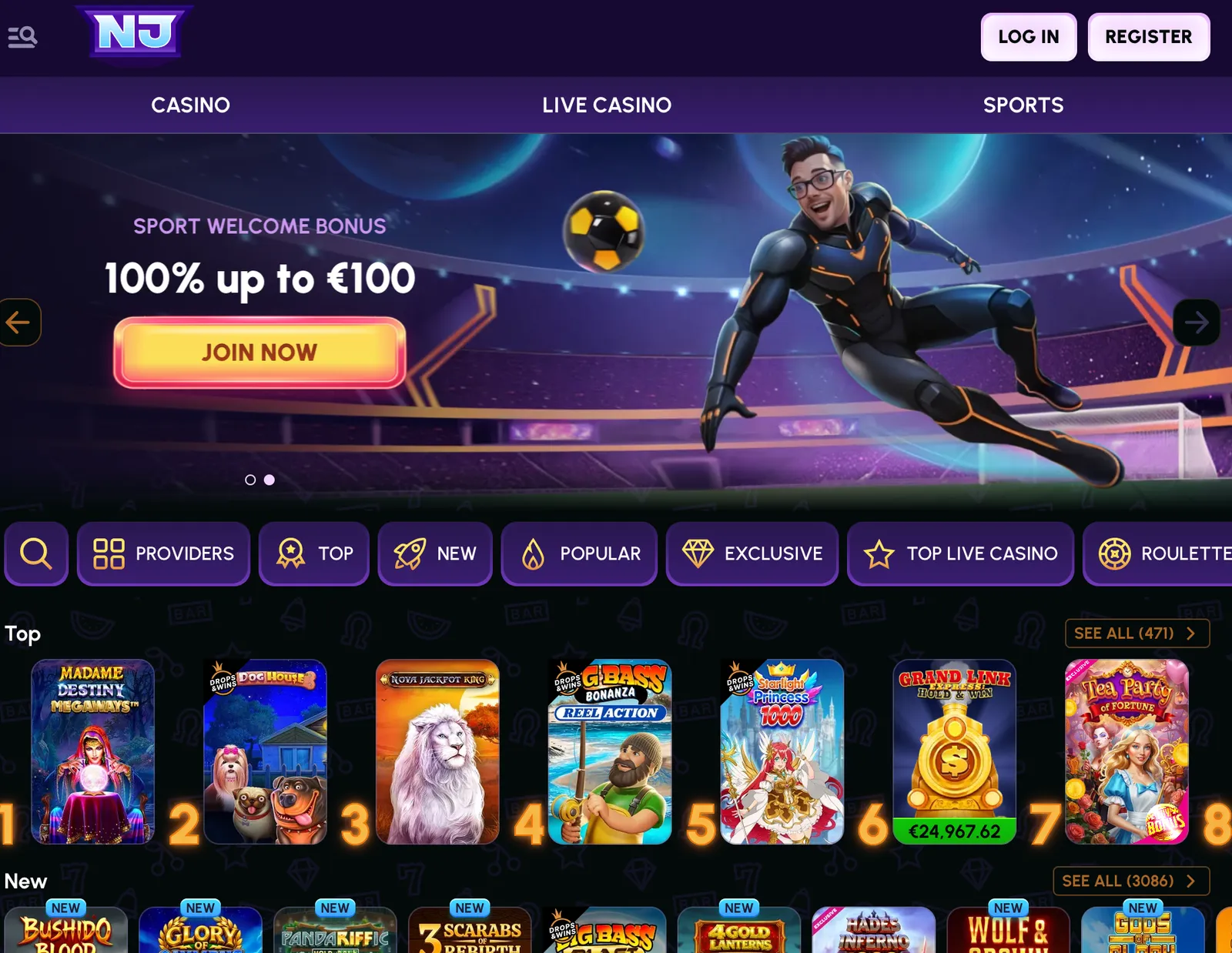 Hlavní stránka online kasina NovaJackpot s uvítací nabídkou a výběrem populárních automatů