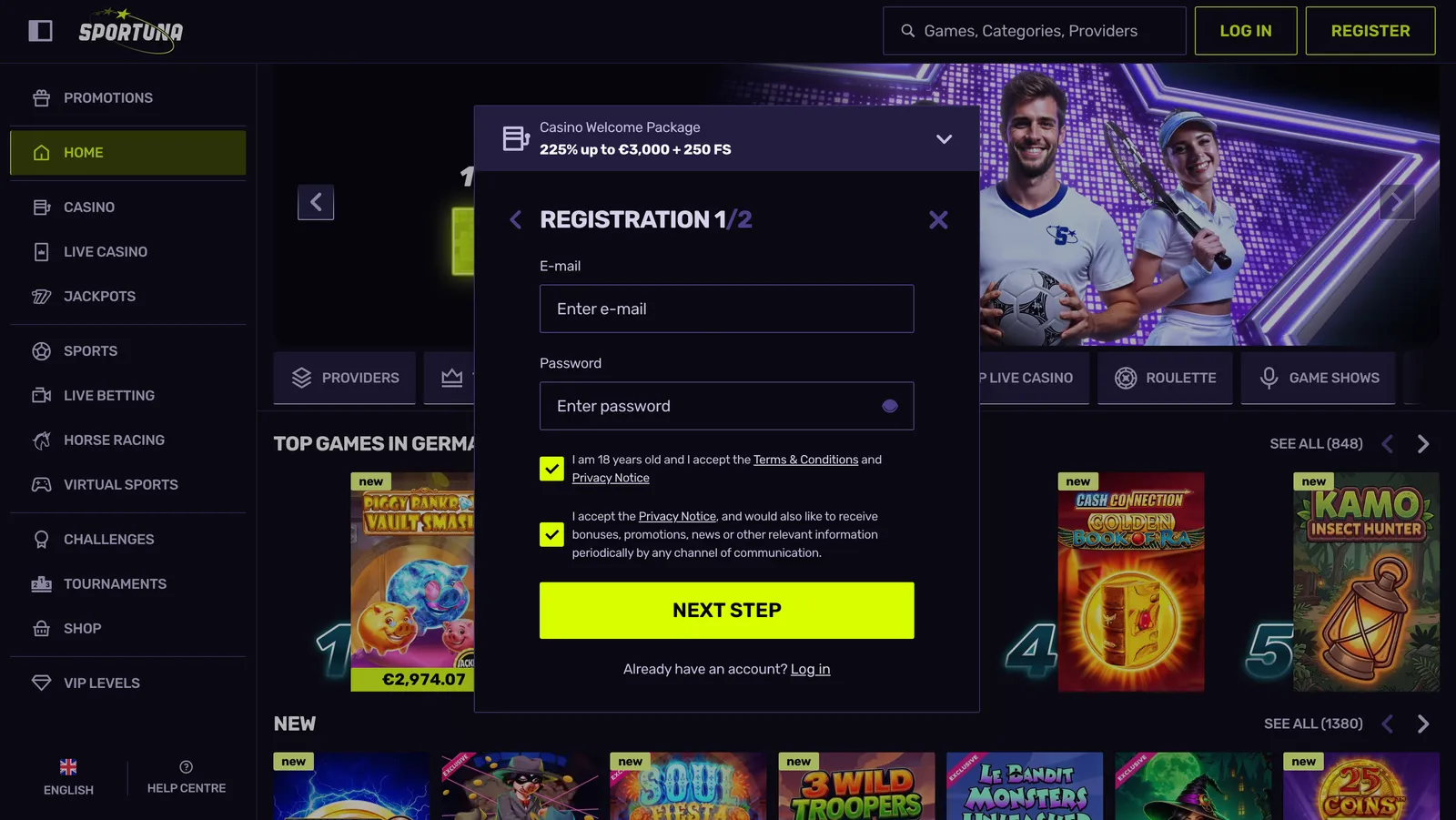 Registrační formulář casina Sportuna pro otevření nového účtu