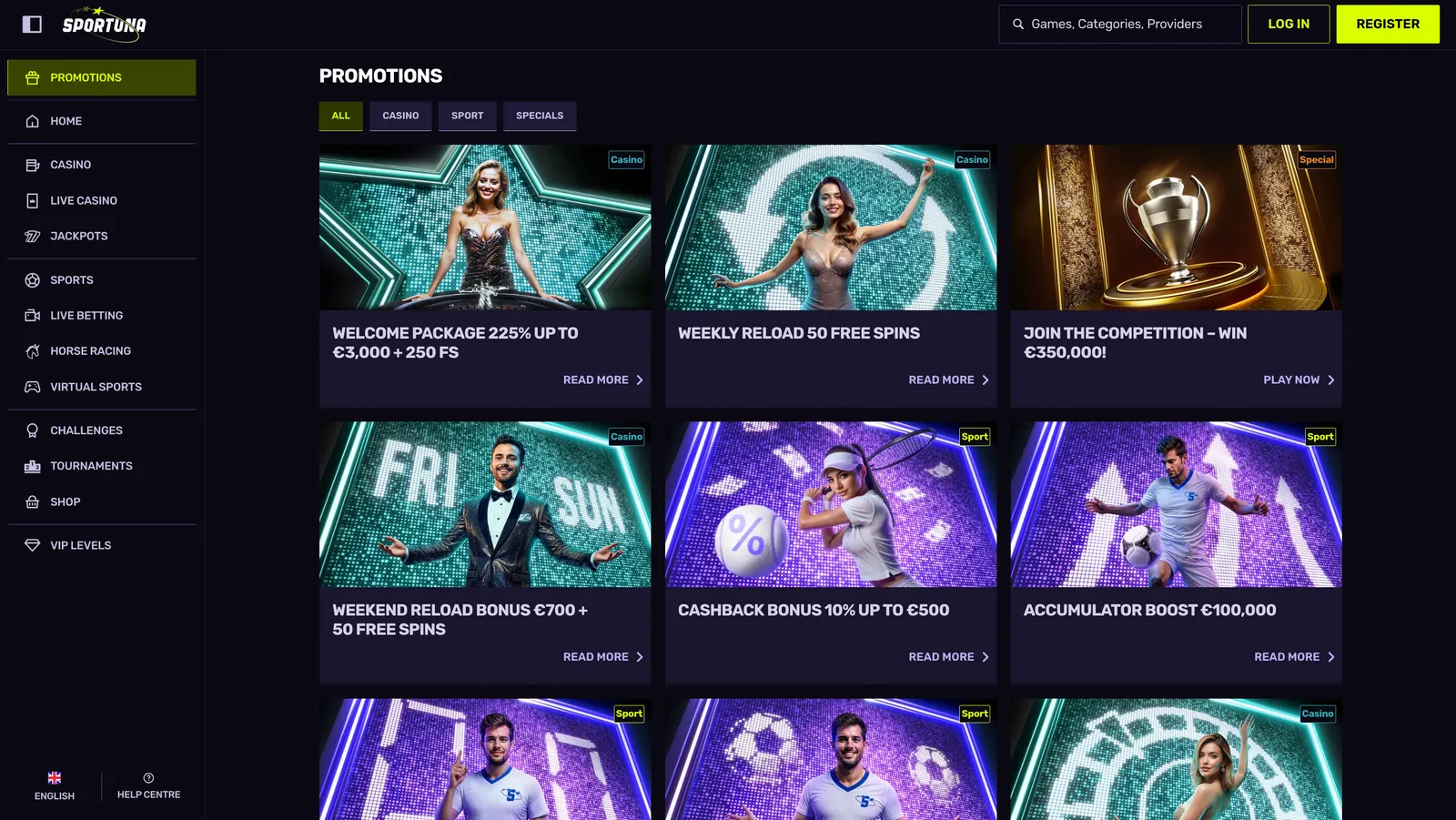 Stránka promoakcí casina Sportuna s uvítacím balíčkem a přehledem bonusů