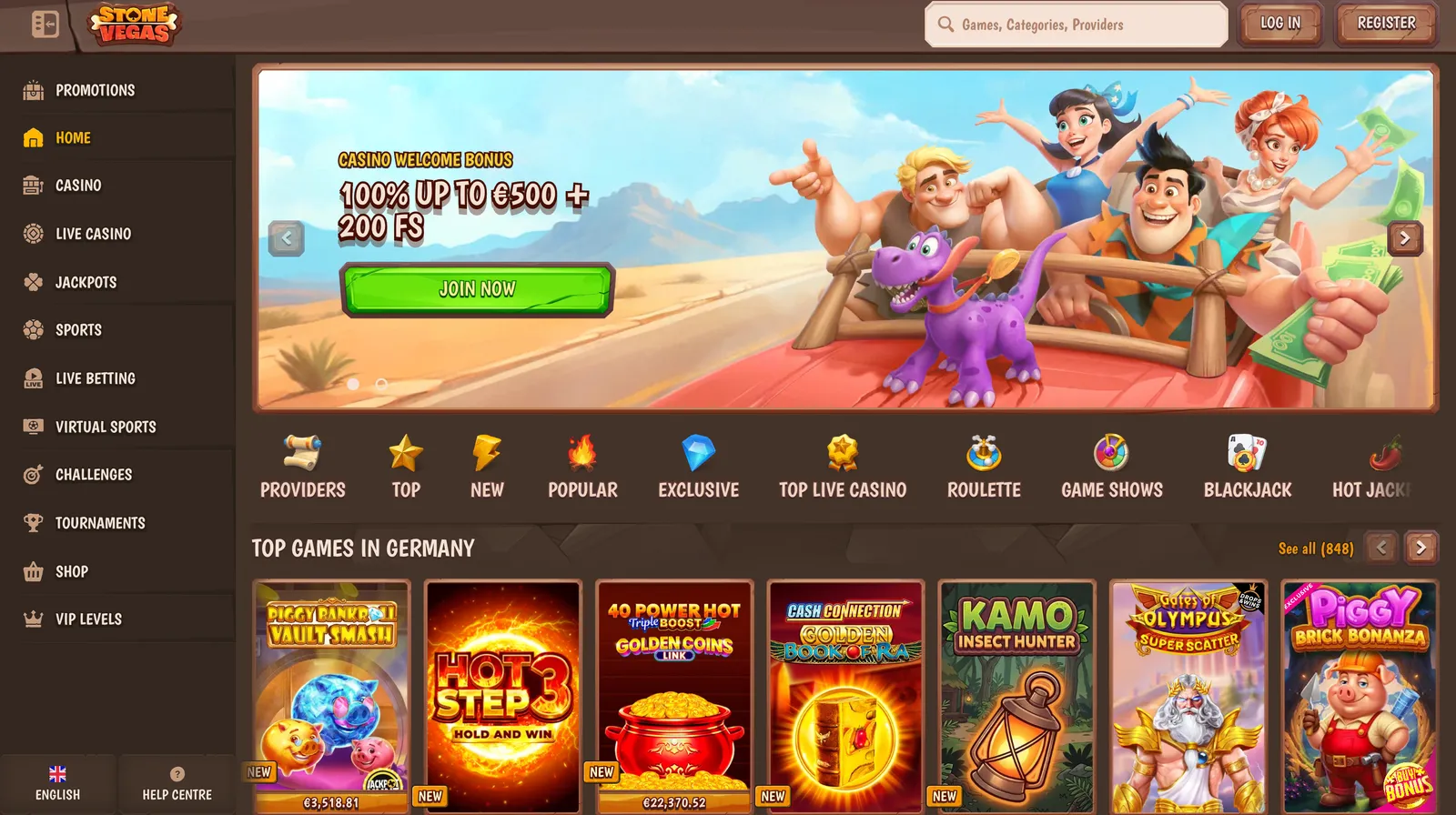 Úvodní stránka online kasina Stonevegas s motivem doby kamenné a herním lobby