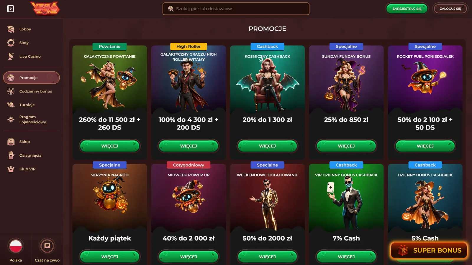 Stránka promo akcí Vegazone s uvítacím balíčkem, cashbackem a bonusy
